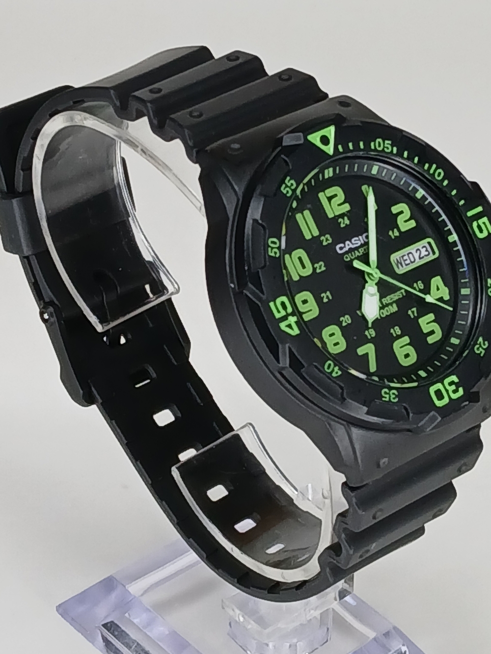 Casio MRW-200H Black Green Dive Watch Day Date 100M Resin Band Men's